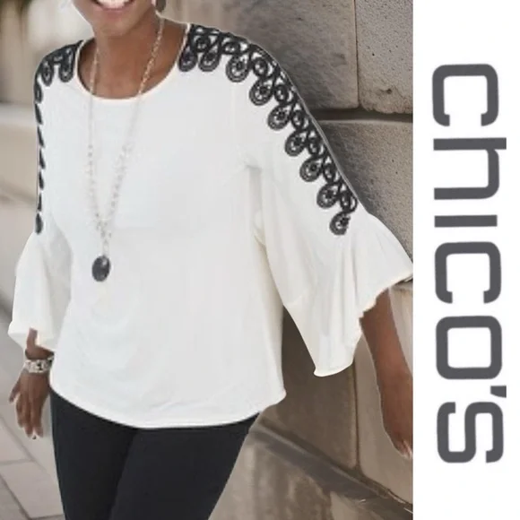 Chico’s Swirled Lace Flutter-Sleeve Top Size 4 - Picture 1 of 10